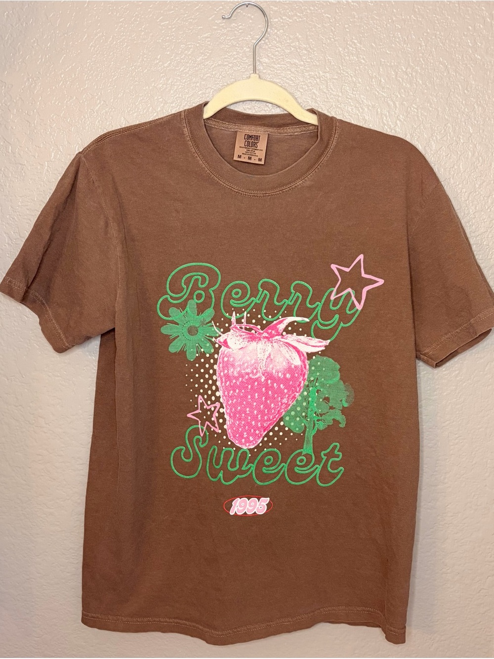 Comfort Colors Brown Tee with Pink Strawberry & Green Accents